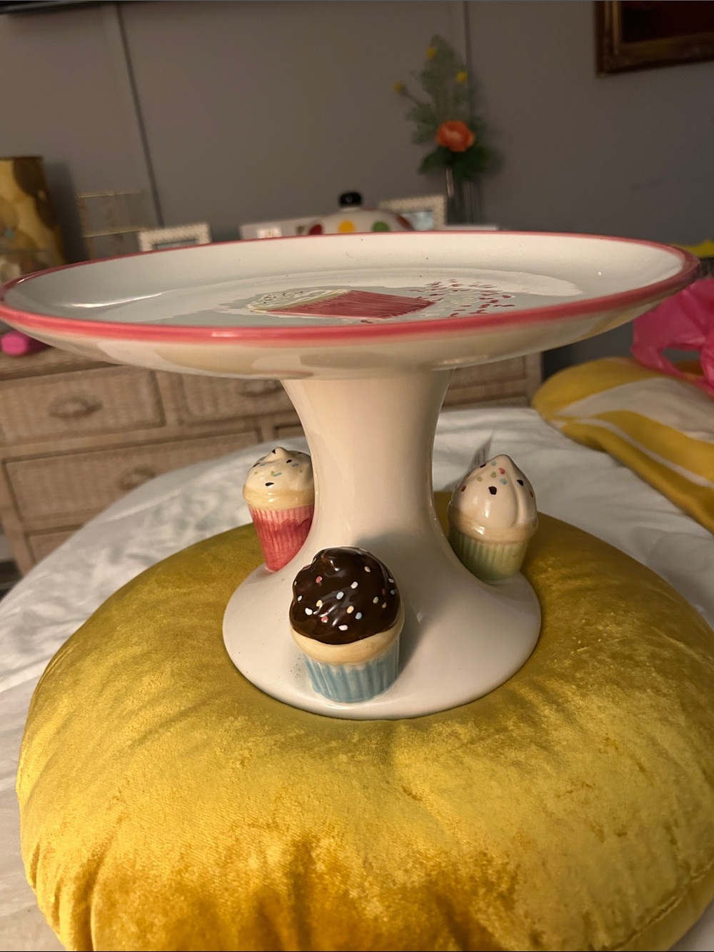 Ceramic Cupcake Pedestal Cake Stand - Pink Accent Never Used